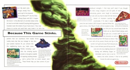 A two-page spread for Earthbound headlined 'Because This Game Stinks.'